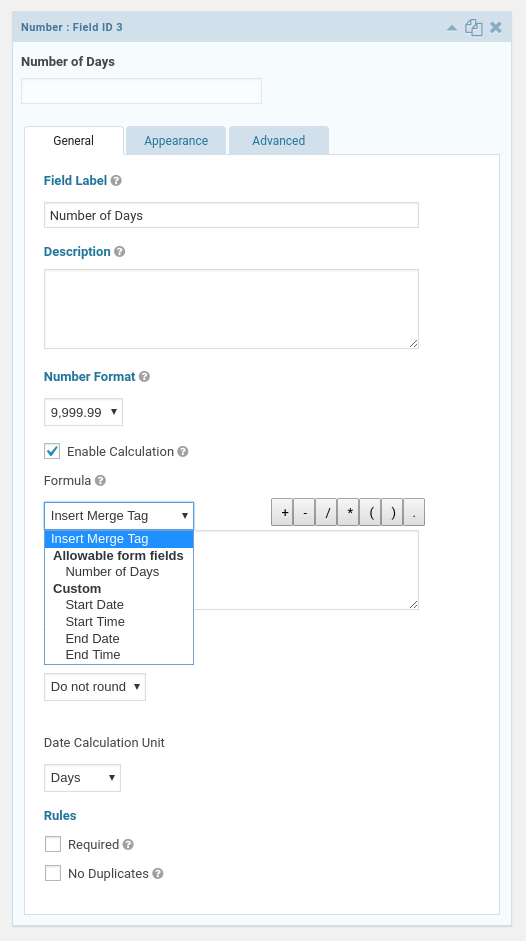 Number Field Settings