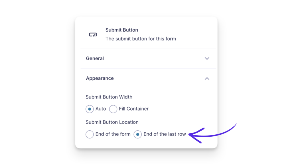 Gravity Forms Submit Button Appearance settings with “End of the last row” selected.
