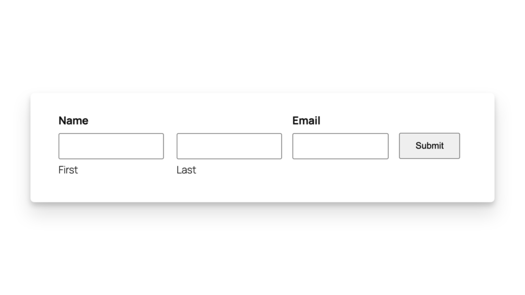 Gravity Forms horizontal form with Name, Email, and Submit button displayed on the same row.