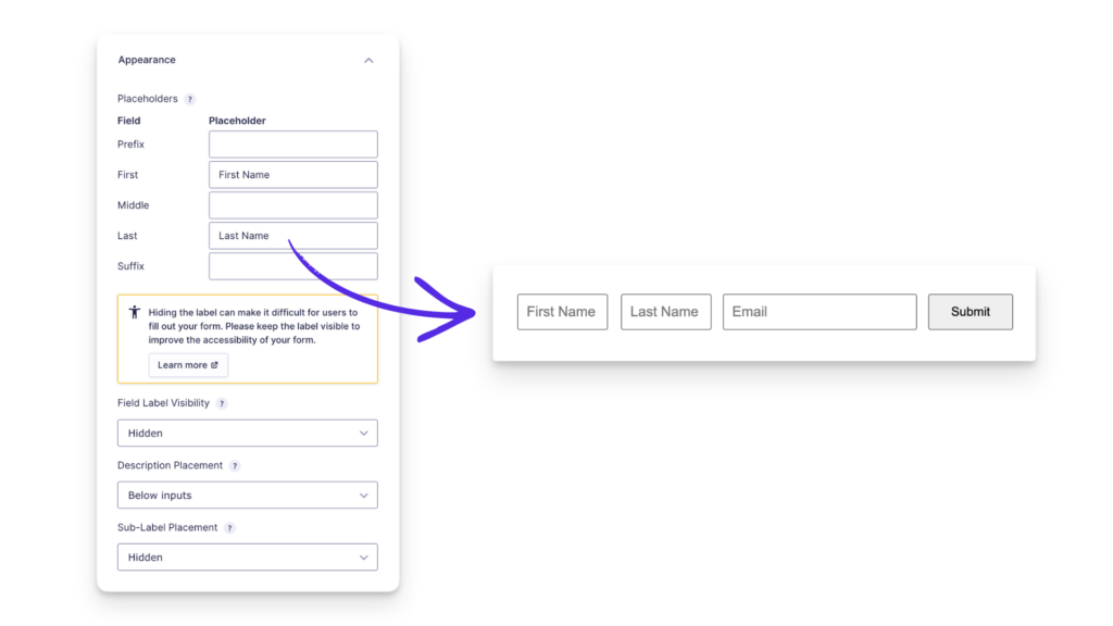 Gravity Forms field Appearance settings with hidden labels and placeholders, alongside the resulting horizontal form.