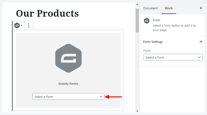 select form in gutenberg