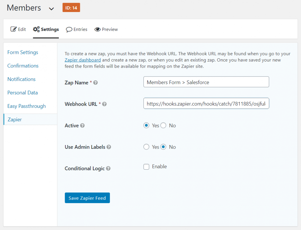 Zapier webhook in WordPress