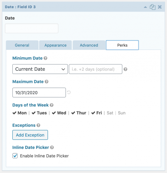 Perks tab in Date field