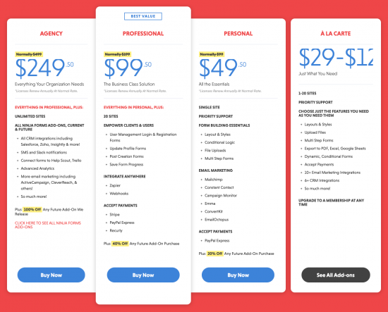 Ninja Forms pricing