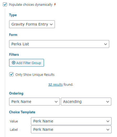 A Checkbox field populated with list of perks