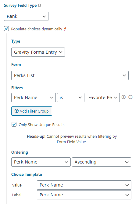 A Survey field populated with selected Perks