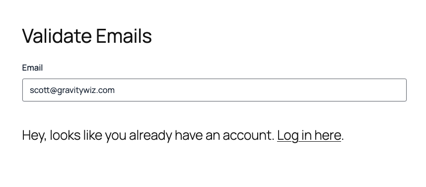 gravity forms live email validation response message