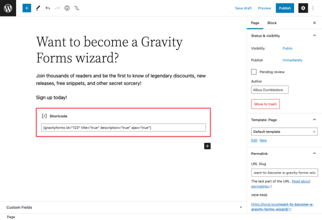 how to add a gravity form to a page with a shortcode