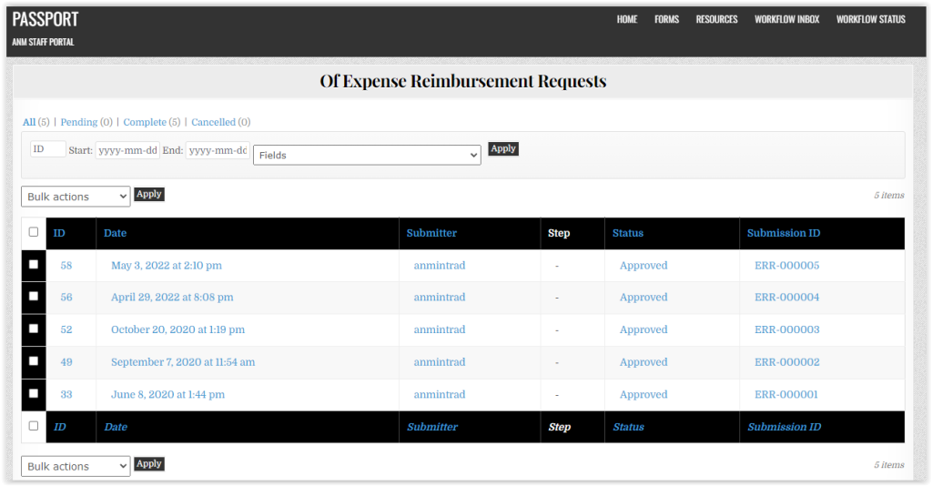 unique id expense reimbursement requests