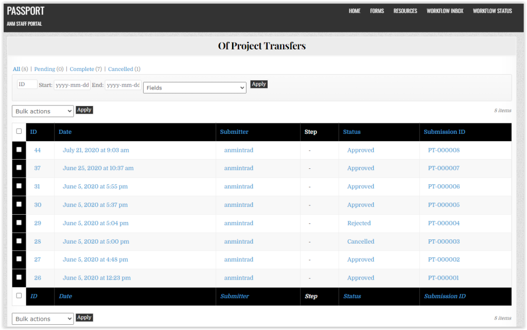 unique id project transfers listing