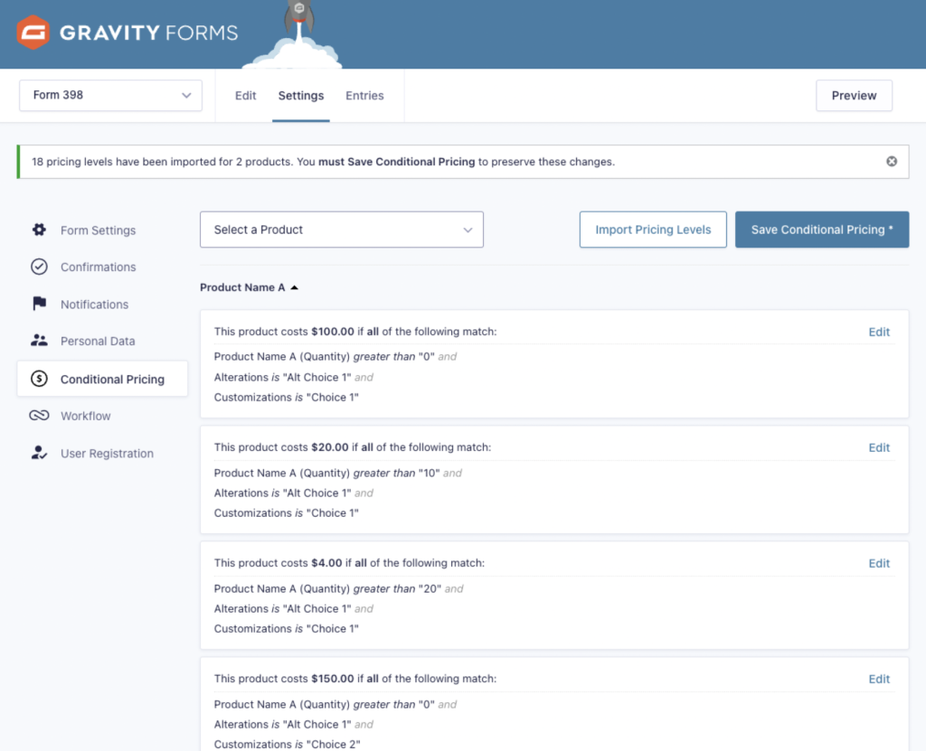 gravity forms conditional pricing bulk importer post import