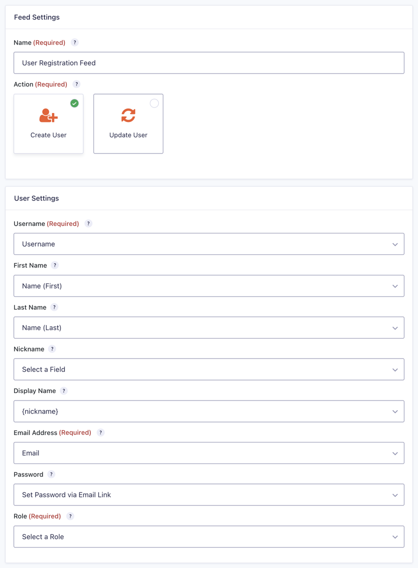 User Registration Feed Settings