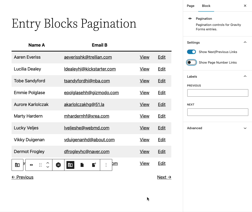 gravity forms entry blocks pagination