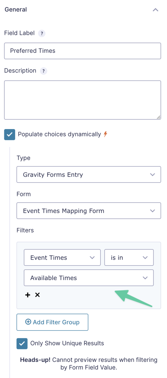 using preferred times in dynamically populated checkbox fields in gravity forms