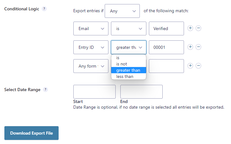 Add conditional logic to Gravity Forms data export