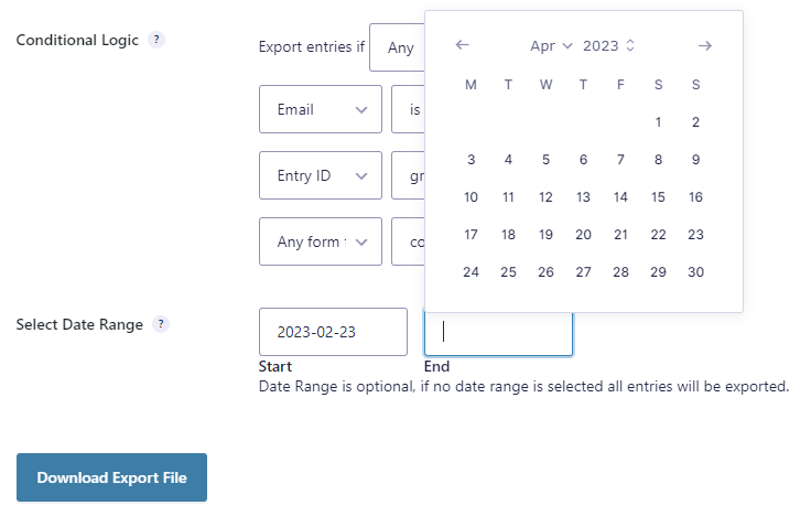 Adding a date range to a Gravity Forms data export.