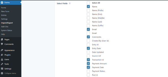 Select fields to export in Gravity Forms.