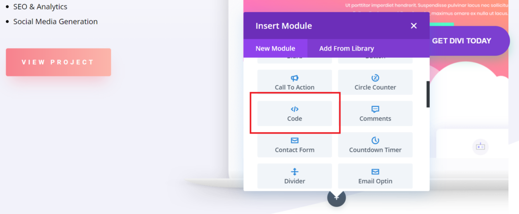 Select ‘Code’ Module in Divi Builder Screenshot