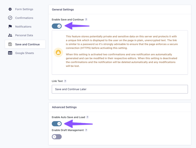 enabling gravity forms advanced save and continue