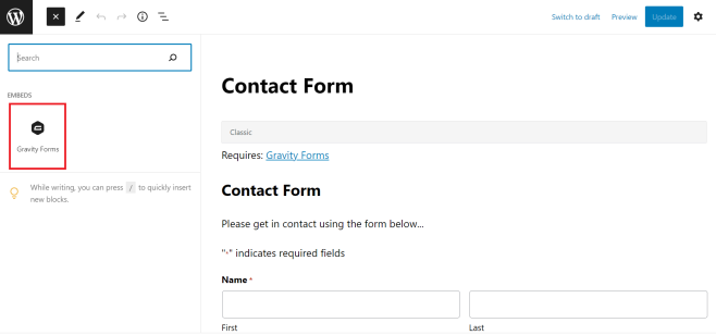 Embedding the form on the page.