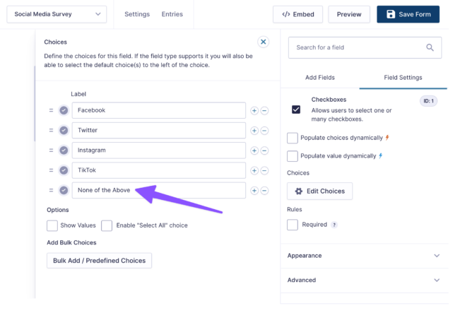 add a checkbox field to all choices