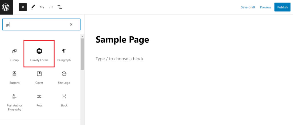 Choose the Gravity Forms block