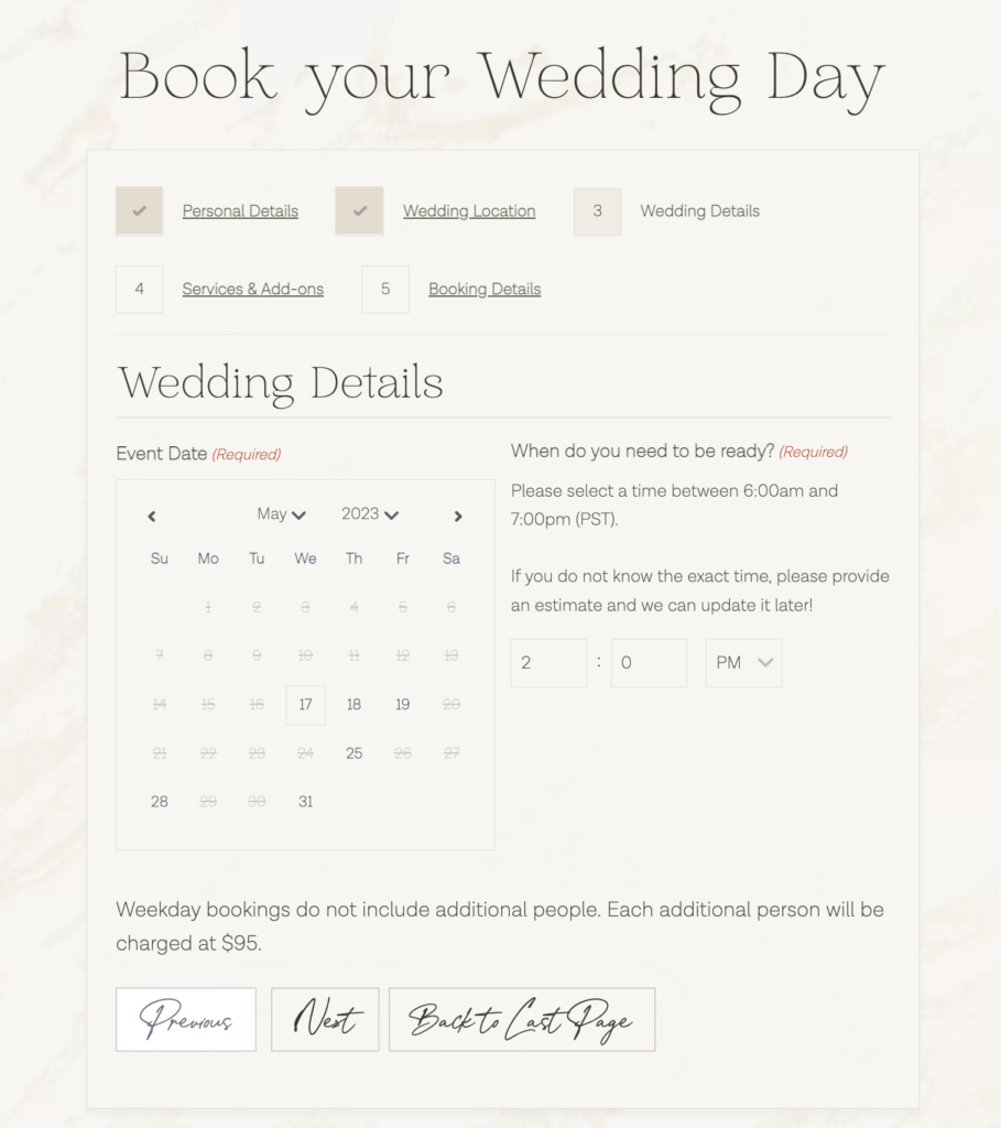 wedding services booking form using gravity forms