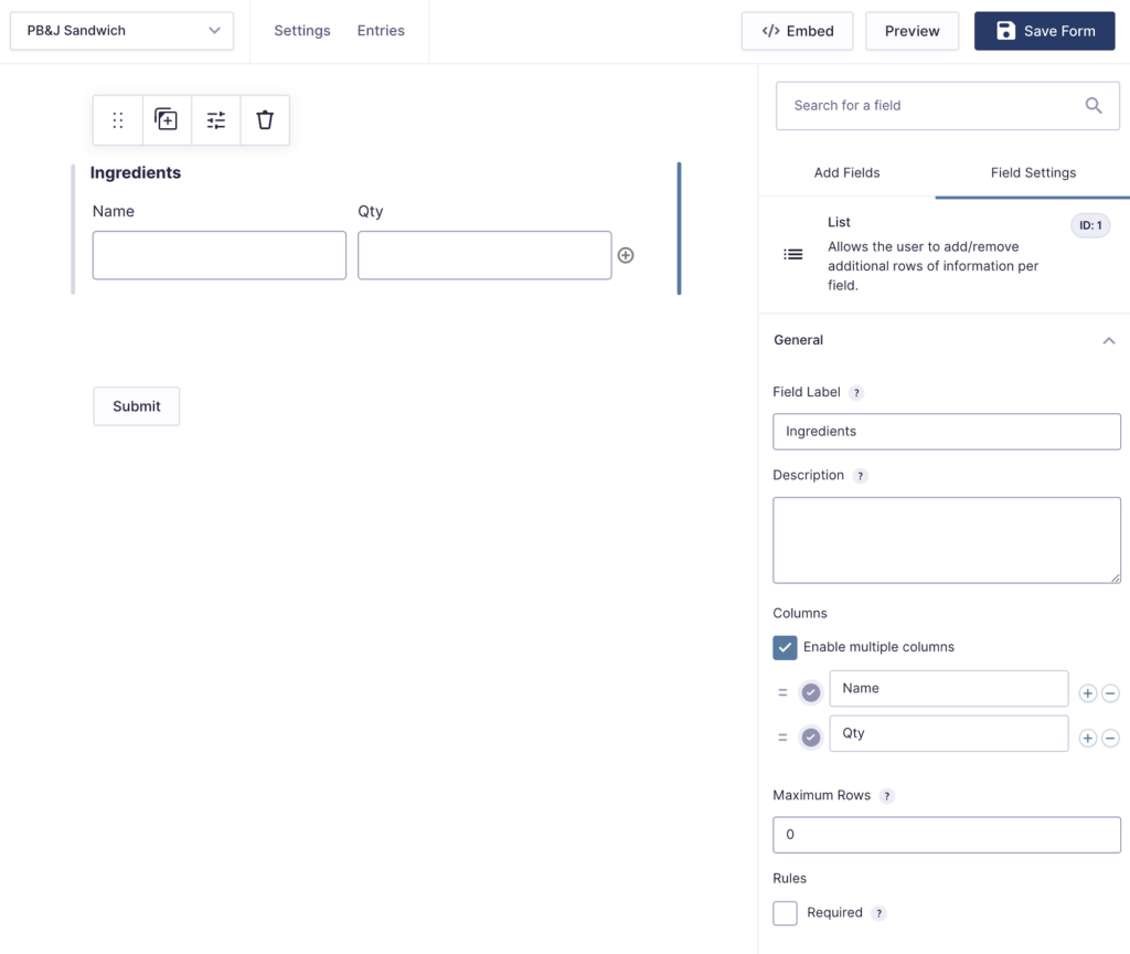 configuring gravity forms list field settings 