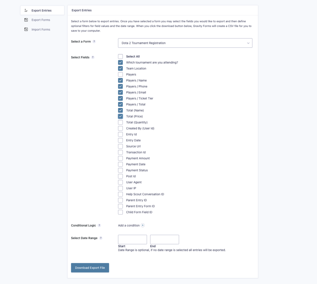 selecting which fields to export in gravity forms nested forms