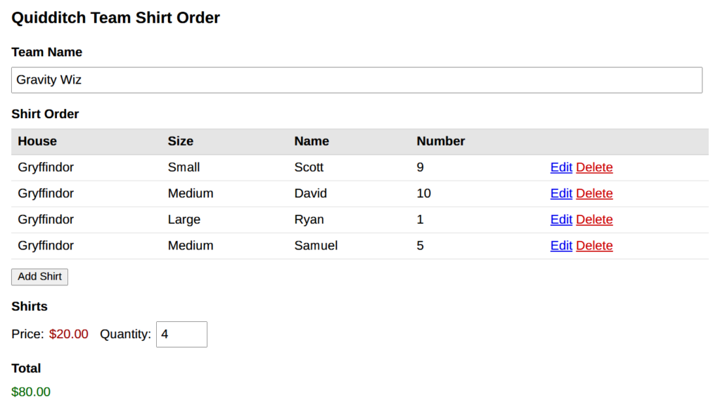 quidditch team shirt order form using nested forms