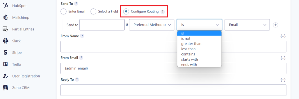 Set your Gravity Forms "Send To" options to "Configure Routing".