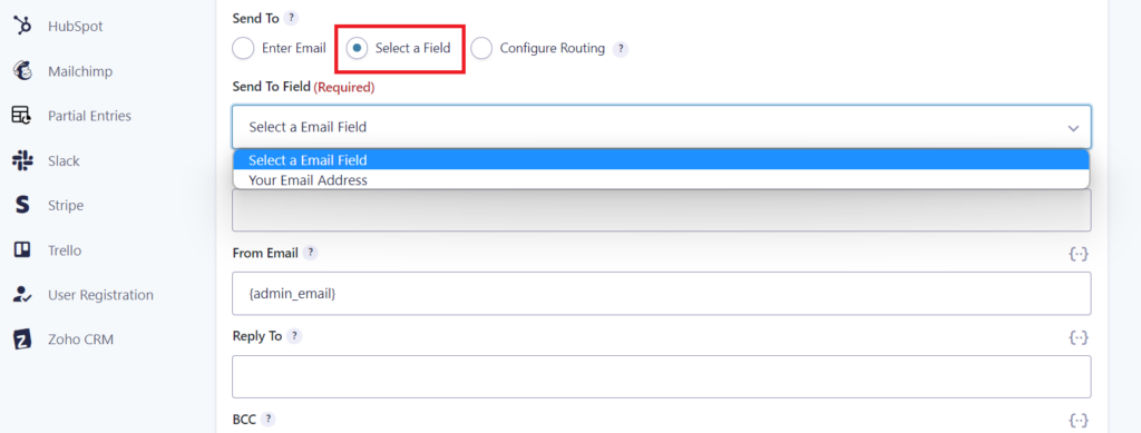 Set your Gravity Forms "Send To" option to "Select a Field".