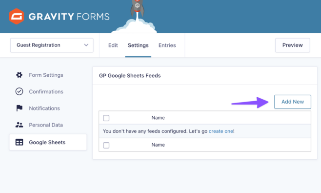 create a new google sheets feed in gravity forms