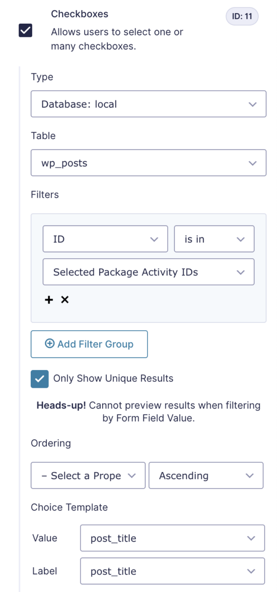 configure the select activities field