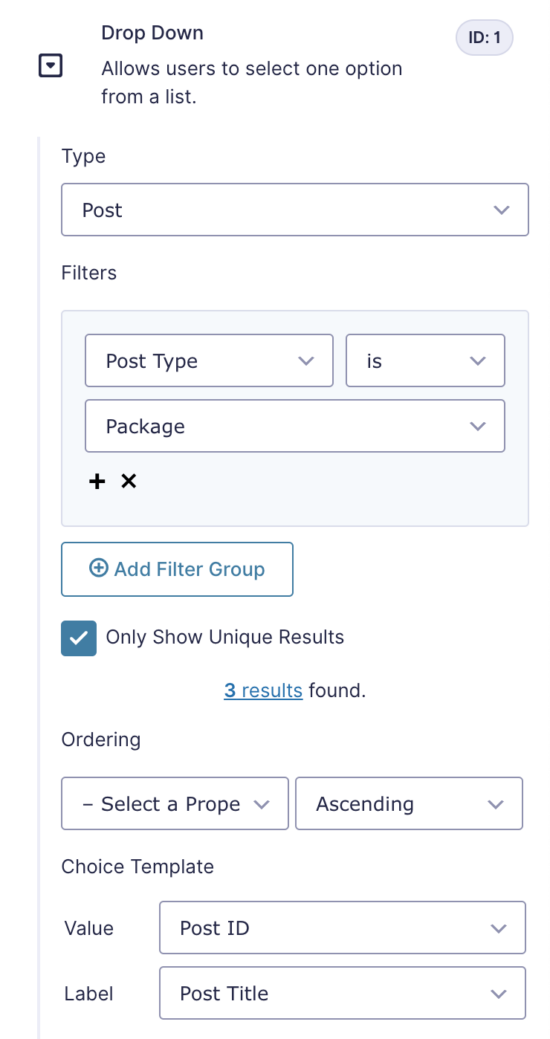configure the select package field