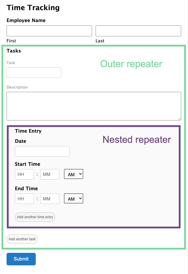 building a time tracking sheet using gravity forms repeater API