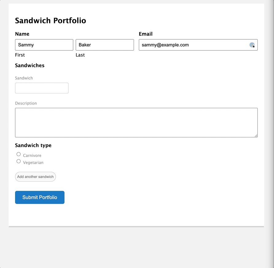 sandwich ordering form built using gravity forms repeater API