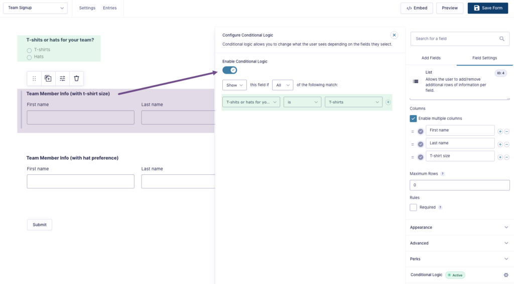 enabling conditional logic with the gravity forms list field