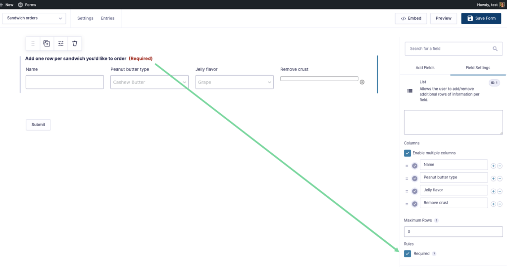 require all columns of a List field