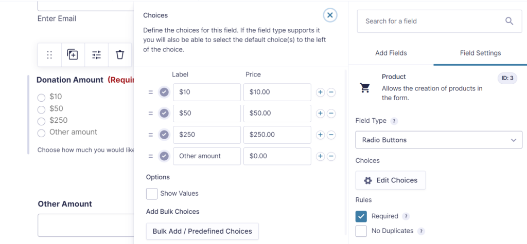 Add a product field to offer multiple donation amount options