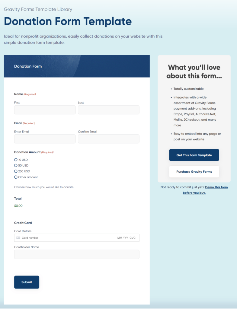 Gravity Forms donation form template