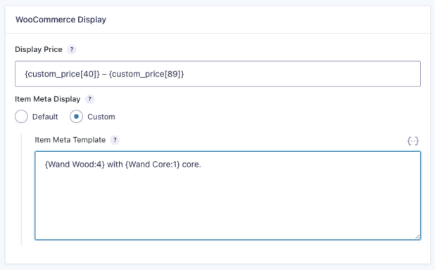 Image of the Item Meta Template setting with a value of "{Wand Core:1} with {Wand Handle:4} core.".