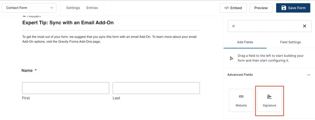 Add a Signature field to a form in Gravity Forms.