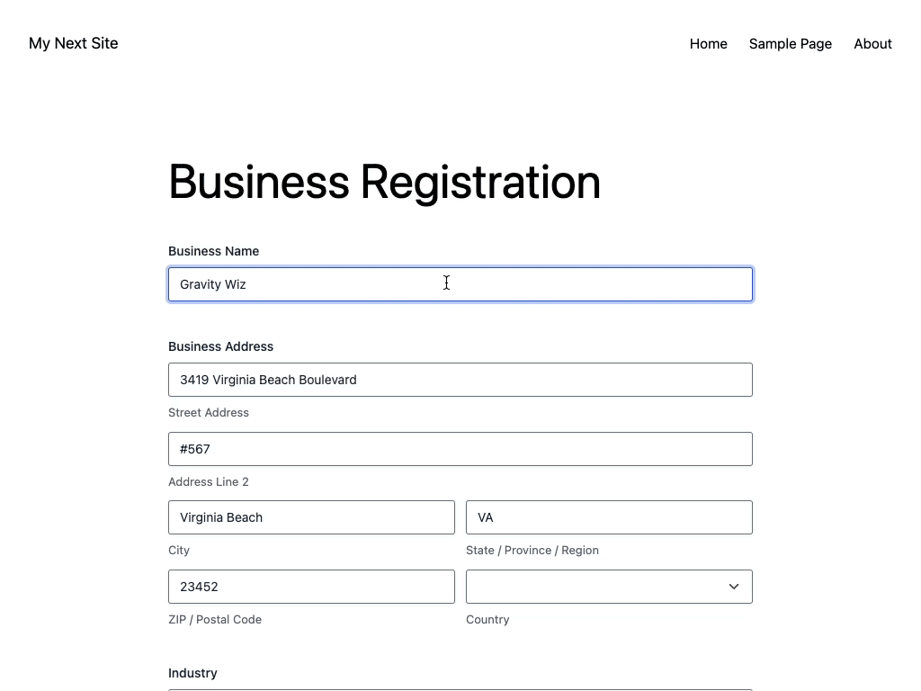 gravity forms advanced select 1.0 business registration example