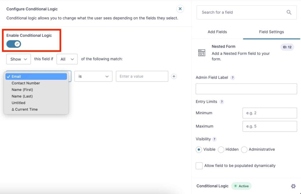 Configure conditional logic for nested form