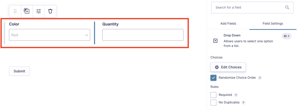 Group fields using columns