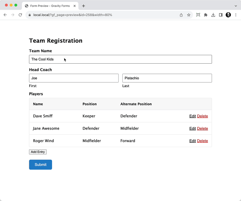 nested forms team registration