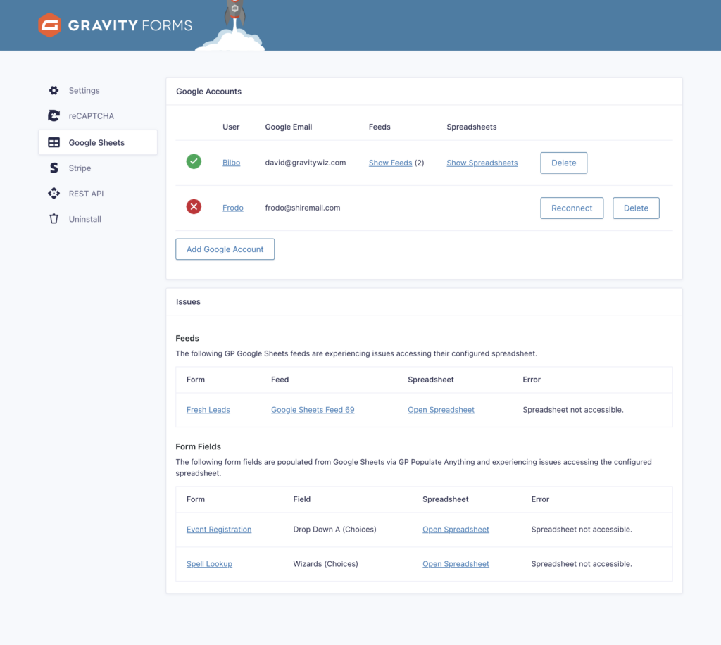 a new issues section for gravity forms google sheets