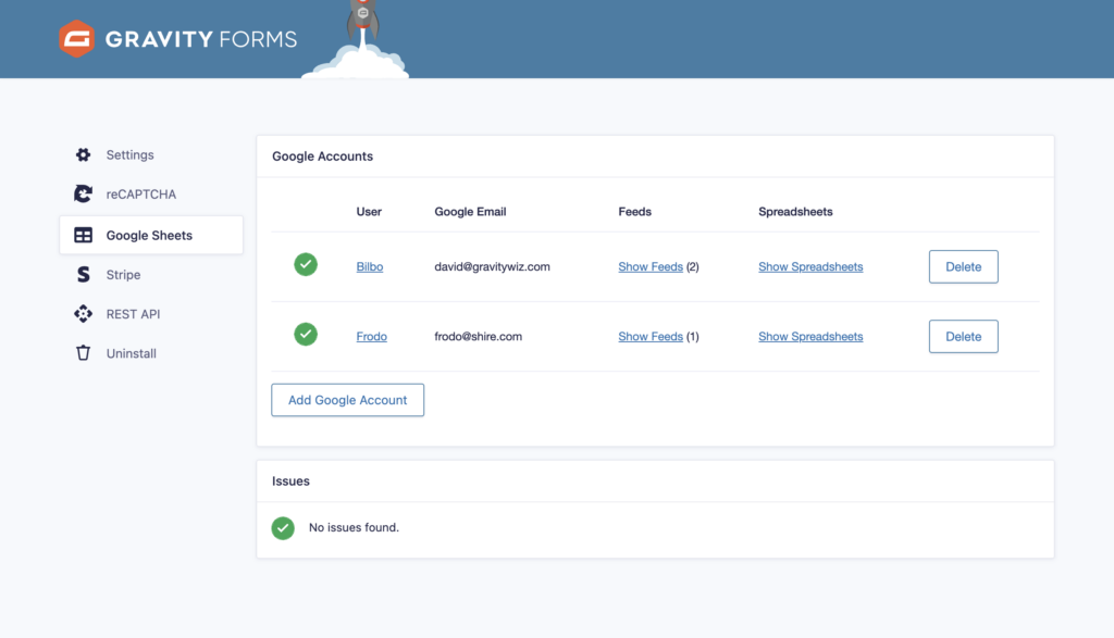 new accounts overview in gravity forms google sheets