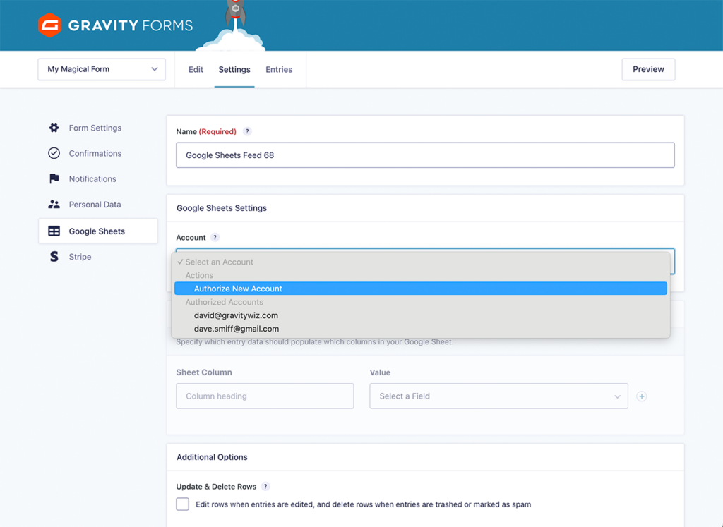 authorize new google accounts with gravity forms google sheets